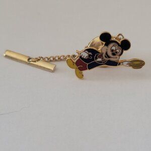 Vintage Disney Mickey Mouse Gold Tone Tie Tack Lapel Pin With Chain & Bar